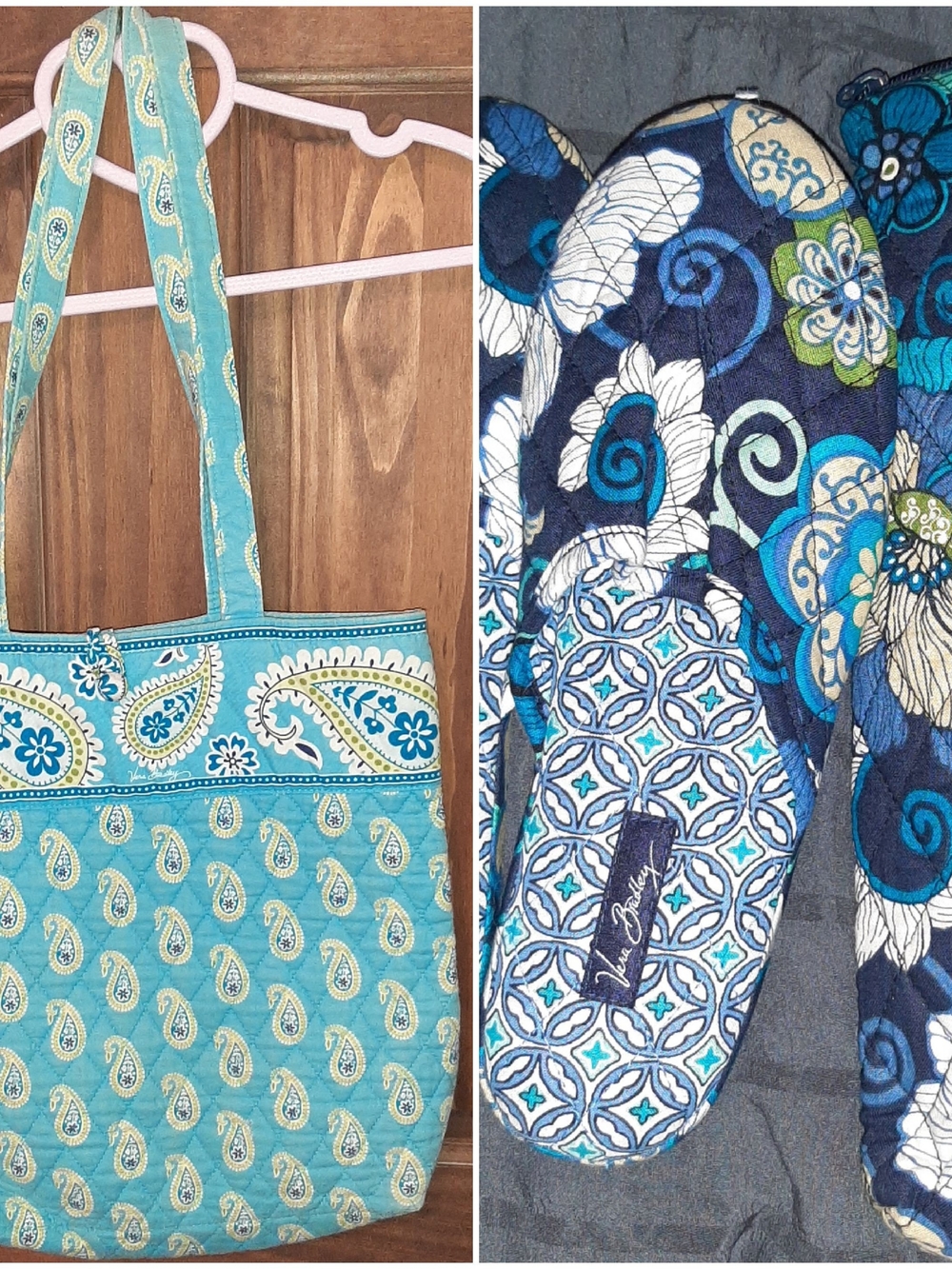 Vera Bradley Bermuda Blue Paisley Quilted Tote/ Bue Floral Slipper/makeup Bundle